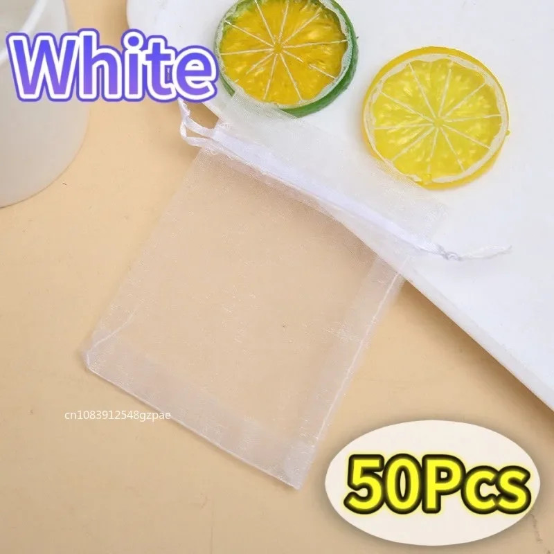 50/100Pcs White Sheer Organza Bags for Wedding Favor with Drawstring, Jewelry Po