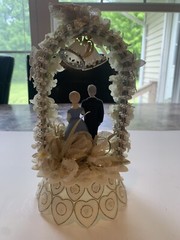 Vintage 1950s Wedding Anniversary Cake Topper Couple in Arch Bells Blue Dress