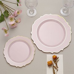 20 BLUSH 10.5″ Round Plastic Dinner Plates GOLD Scalloped Rim Events