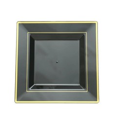 Plastic Black 10″ Square Plates with Gold Rim Disposable Party Wedding TABLEWARE