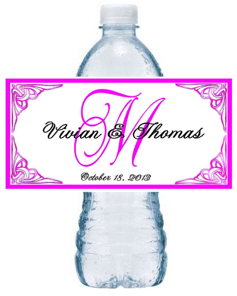 50 HOT PINK MONOGRAM WEDDING FAVORS WATER BOTTLE LABELS Waterproof Ink