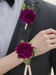 Wrist Corsage and Boutonniere Set, Velvet Purple Roses Corsage, Men Boutonnie…