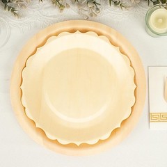 12 Round 9″ Natural Birch Wood Dinner Plates Scalloped Rim Party Events Supplies