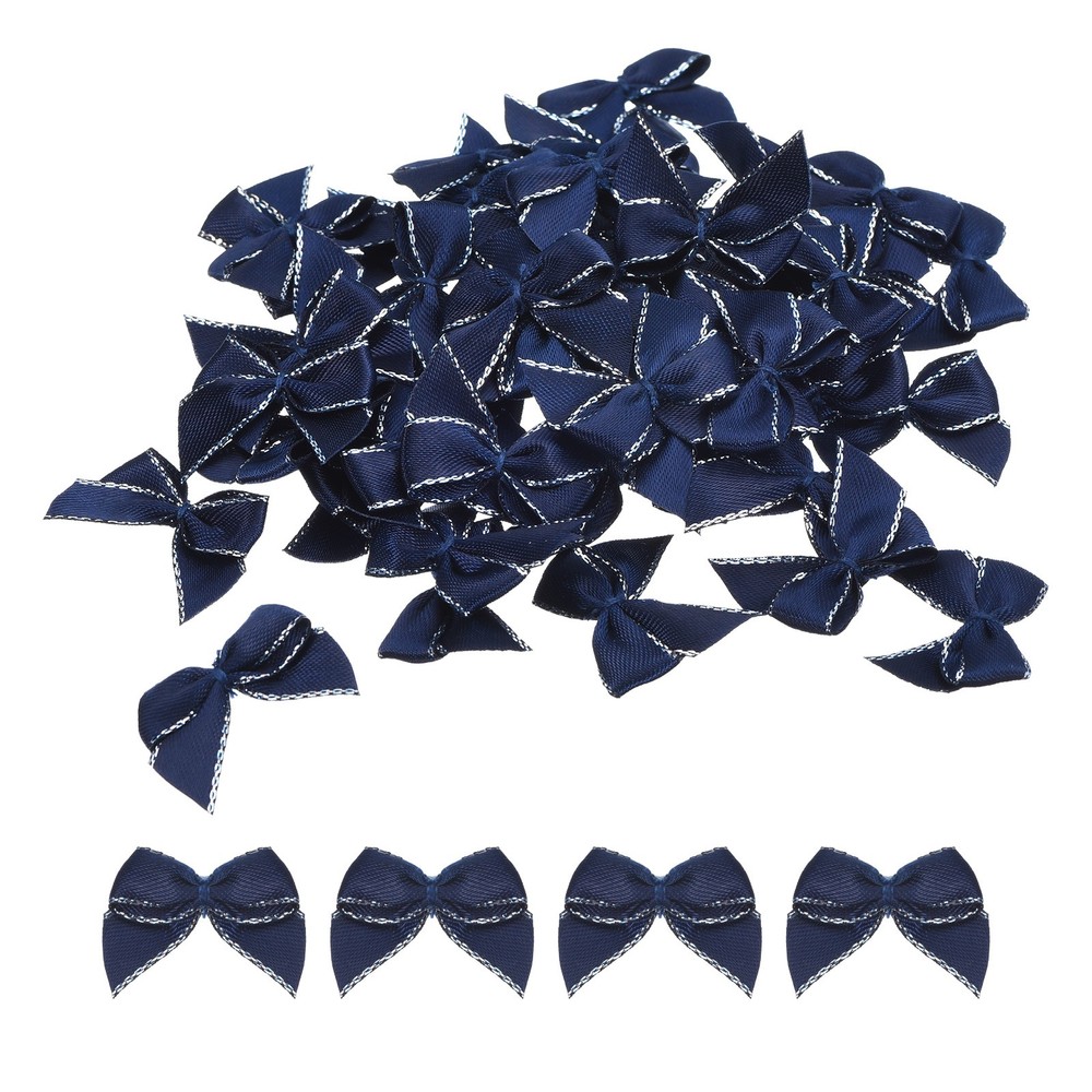 100Pcs Mini Metallic Edge Ribbon Bow 1″ Flower Bows Soft Silver Edge Navy Blue