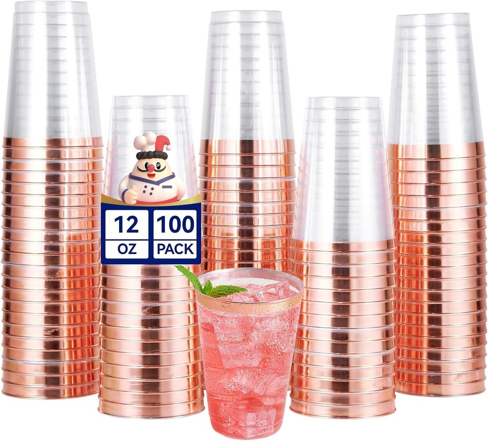 JOLLY CHEF 100 Pack Rose Gold Plastic Disposable Cups, 12 oz 12 oz,