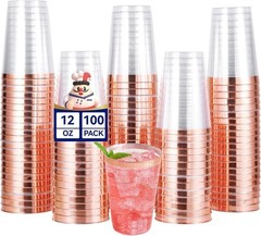 JOLLY CHEF 100 Pack Rose Gold Plastic Disposable Cups, 12 oz 12 oz,