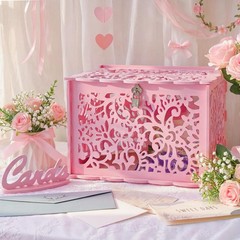 Pink Wedding Card Box With Lock PVC Gift Card Box For Wedding Reception Decor