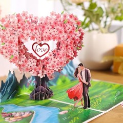 Pop Up Anniversary Cards 3D Cherry Blossom Couple in Love, Heart Cherry