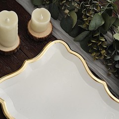 WHITE 10 Rectangle 14″ Paper SERVING TRAYS Scroll Design Gold Rim Party Events