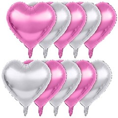 18 Inch, Pack of 10 Heart Shaped Balloons – Big Metallic Foil Pink & Silver
