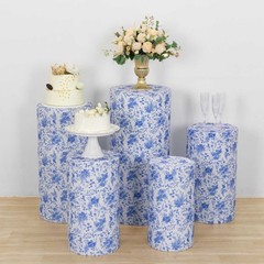 5 WHITE BLUE Fitted Spandex Cylinder Display Stand Covers with Floral Print