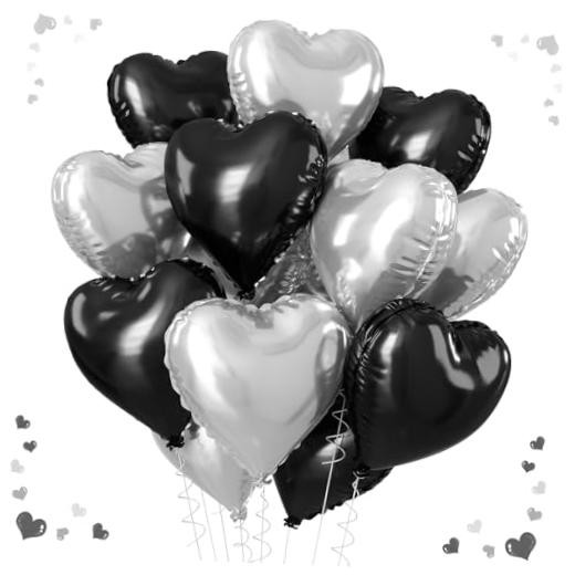 Heart Balloons, 18Inch Silver and Black Heart Foil Balloons, 12PCS Black Silver
