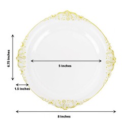 10 CLEAR GOLD 8″ Round Plastic Salad Dinner PLATES Embossed Baroque Rim Party