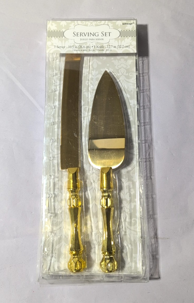 AMSCAN GOLD WEDDING / ANNIVERSARY CAKE SERVER / KNIFE SET – NEW