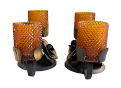 Pair 1970’s 2 Votive Candle Holders Amber Glass with Wrought Iron/Steel Roses