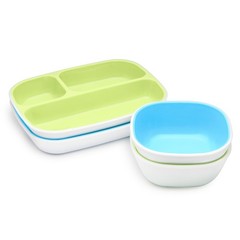 Munchkin Splash 4 Piece Toddler Divided Plate And Bowl Dining Set Blue/Green
