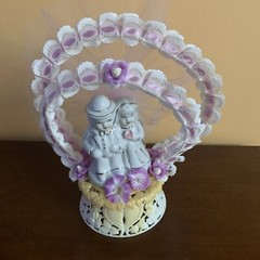Vintage Glossy Bride And Groom With Pink Double Arches Wedding Cake Topper