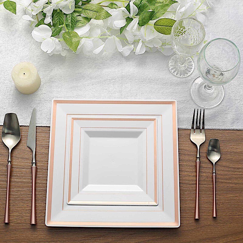 10 Plastic White 10″ Square Plates with Rose Gold Rim Disposable Party Wedding