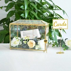 Gold Glass Wedding Card Box With Slot Lockable For Reception Baby Shower Graduat
