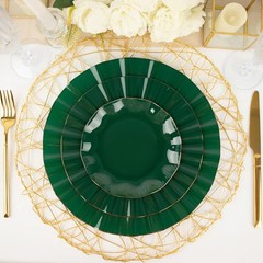 10 HUNTER GREEN 11″ Round PLASTIC Salad Dinner PLATES Gold Wavy Rim Wedding