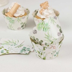 25 WHITE GREEN Eucalyptus Leaves Print Cupcake Liners Muffin WRAPPERS Events