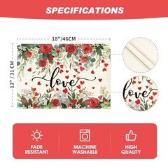 Rose Hearts Love Valentine’s Placemats Set of 4, 12×18 Inch Wedding