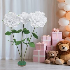 3 Heads Giant Artificial Flowers With Base White Rose 55in Height Handmade