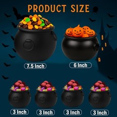 PMU 6pc Halloween Cauldron Pot Kettle Set: 8″, 6″, 4x 3″ Black Plastic Decor