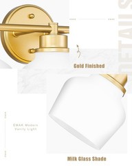 Emak Modern Gold Bathroom Light Fixtures, 2-Light Vanity Lights with Milk Gla…