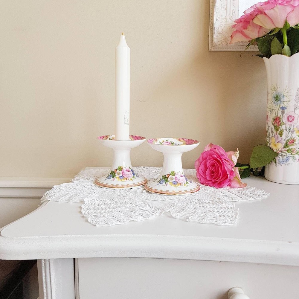 Royal Albert Lady Carlyle Porcelain Candle Holders – Floral Pair, Romantic Engli