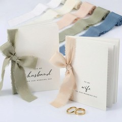 White Wedding Vow Books with 5 Ribbons His and Hers Gold Foil Set
