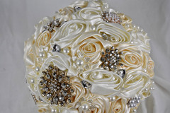 Handmade Satin Rose Ribbon Wedding Bouquet Artificial Bridal Pearls Beads Ivory
