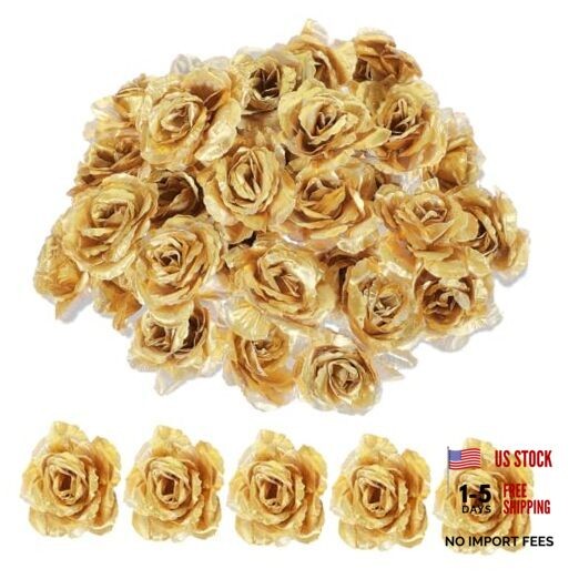 Psyqtsuary Gold Roses Artificial Flowers, 30 Pcs Fake Silk Gold Flowers Real
