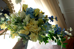 Handmade- One of a Kind Bridal Bouquet Silk, Blue, Yellow, White Cascade NEW