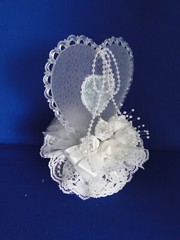 New Elegant Wedding Caketop frosted glass look heart & white satin flowers #269