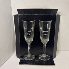 Vintage Wedding Tulip Champagne Glasses Silver Rim Bride & Groom Toasting – Set