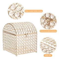 Crystal Card Box with Heart Lock, 7.5″ x 8.3″ x 9.1″ Wedding Card Box Gold
