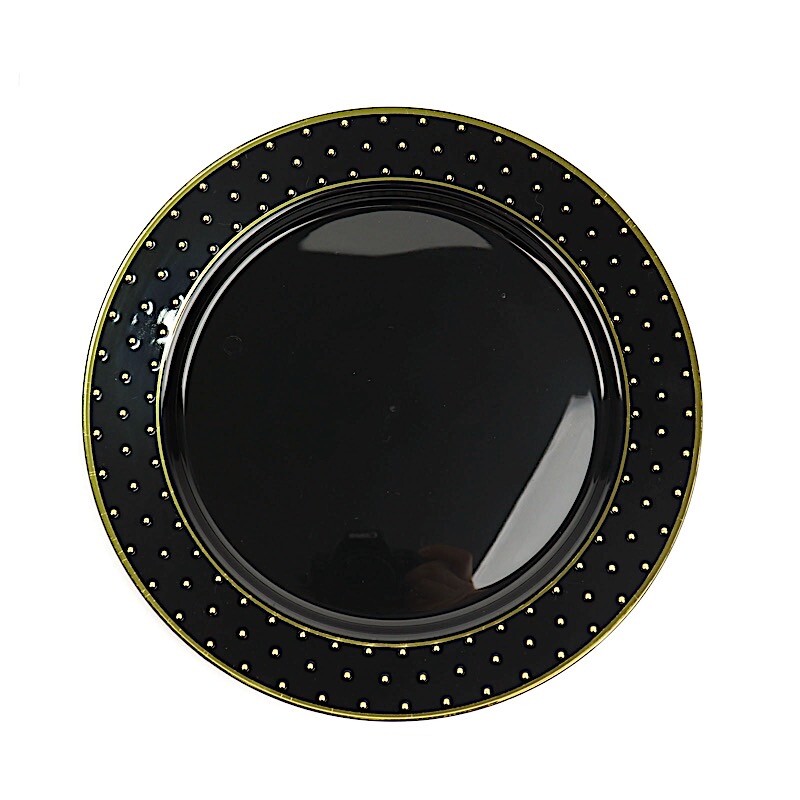 10 Black 10″ Round Plastic Salad Plates Gold 3D Dotted Rim Events Decorations