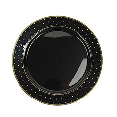 10 Black 10″ Round Plastic Salad Plates Gold 3D Dotted Rim Events Decorations