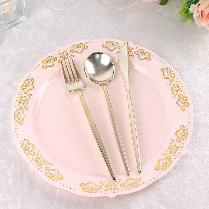 10 Blush Round 10″ Salad Plates Gold Trim Party Wedding Catering Disposable Home
