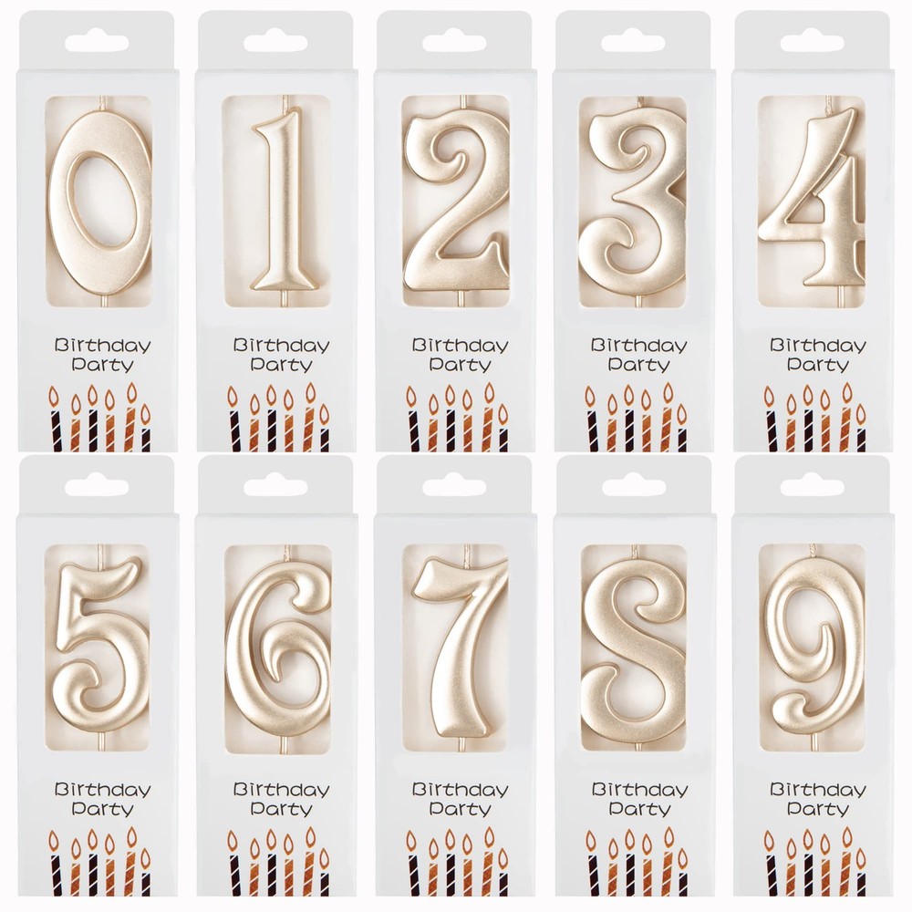 PHD CAKE 10-Count 0-9 Champagne Gold Number Birthday Candles, Number One Birthda