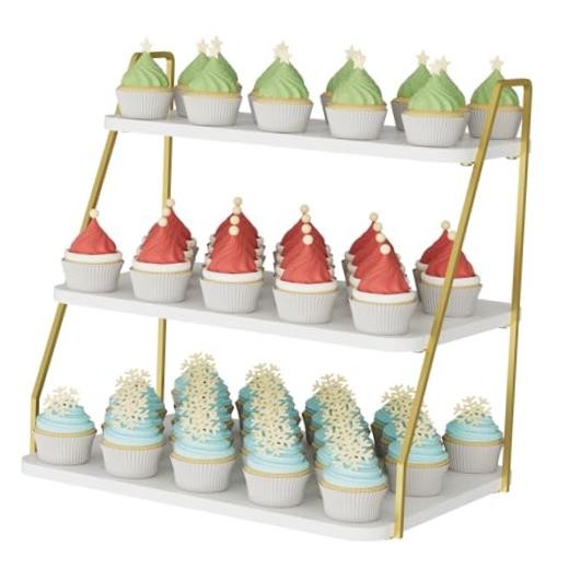 Cupcake Stand, 3-Tier Dessert Stand for 55 Cupcakes, Wood & Metal White & Gold