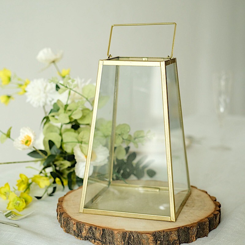10″ CLEAR GOLD Geometric Metal Lantern CANDLE HOLDER Hanging Terrarium Party