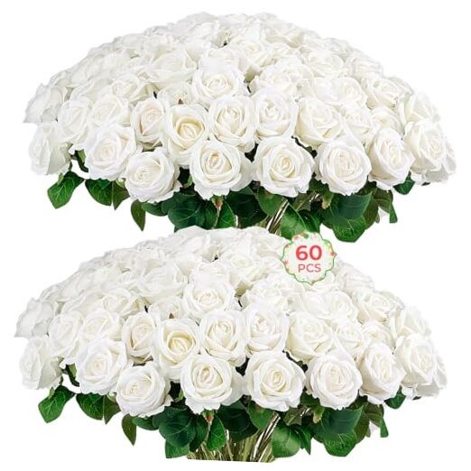 PCS Artificial Roses Bulk Velvet Silk Fake Roses, Realistic Flowers 60 White