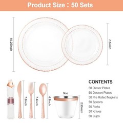 350PCS Clear Plastic Plates with Trim for 50 Guests, 50 Guests Set Rose Gold