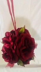16 pc Artificial Rose Pomander/Wedding Décor / Ribbon, Burgundy/Gold w/Pew Clips