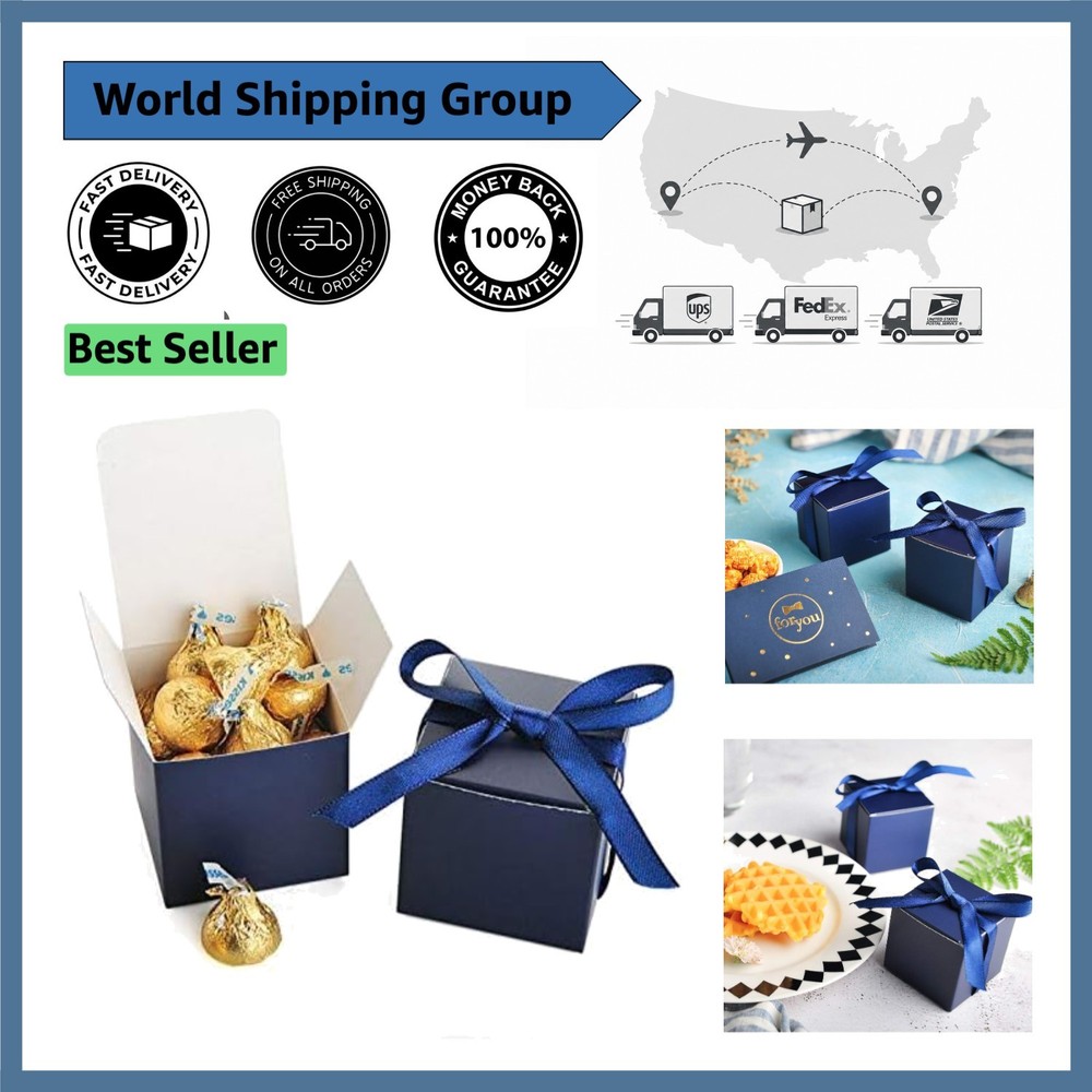 Creative Polka Dot Candy Boxes in Navy Blue – 50 Pack with Ribbon Included