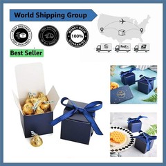 Creative Polka Dot Candy Boxes in Navy Blue – 50 Pack with Ribbon Included
