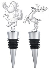 2 Pack Christmas Wine Stopper Alloy Bottle Stoppers Santa + Elk, Silver