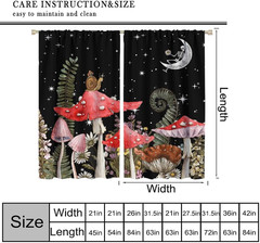 Mushroom Curtains, Vintage Boho Rustic Black Abstract Fantasy Forest Plant Leaf